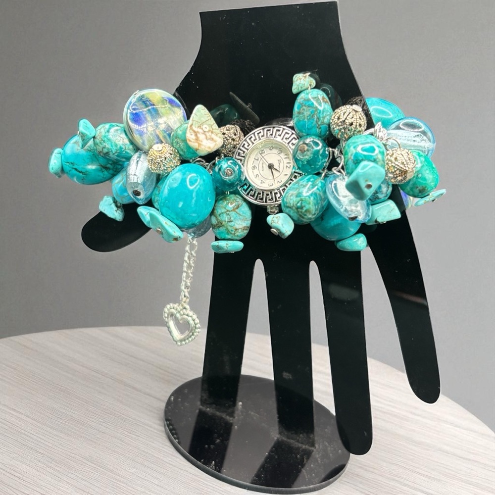 Handmade Bohemian Beaded Watch with Dyed Howlite, Glass Beads, New Battery